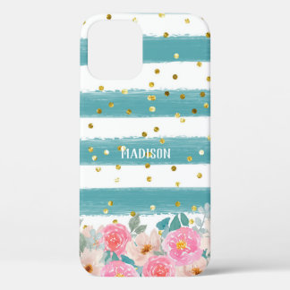 Personalisierte grüne Streifen florale Glitzern Case-Mate iPhone Hülle