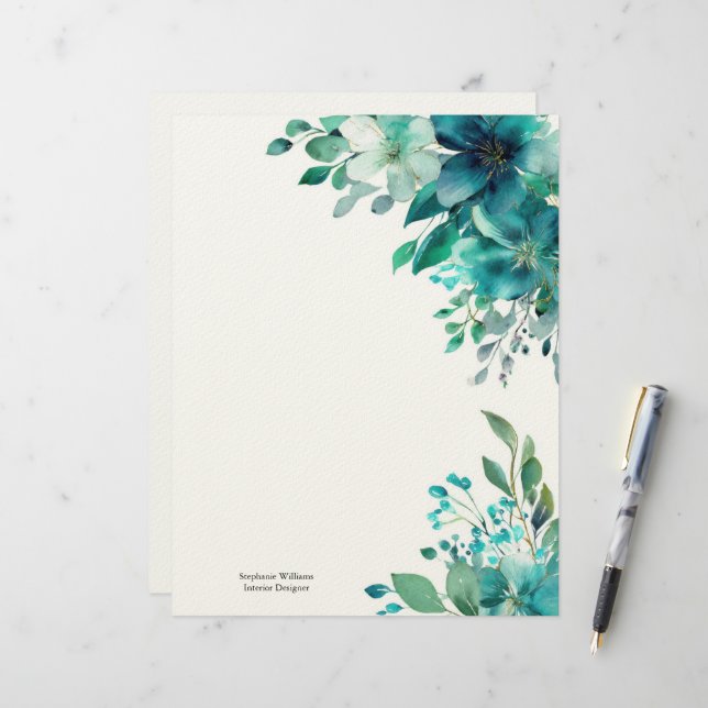 Personalisierte grüne Teal-Wildblumen-Blumensträuß Briefbogen (Vorderseite/Rückseite Beispiel)