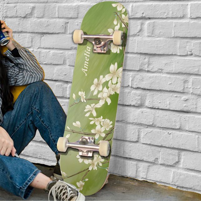 Personalisierte grüne weiße Blume im Frühling blüh Skateboard (Von Creator hochgeladen)