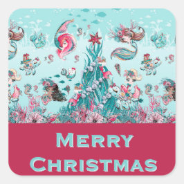 Personalisierte Grüße Meerjungfrau und Freunde Quadratischer Aufkleber