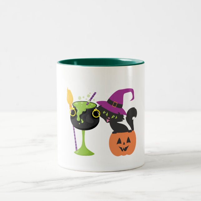 Personalisierte Halloween-Black Cat-Kaffee-Tasse Zweifarbige Tasse (Mittel)
