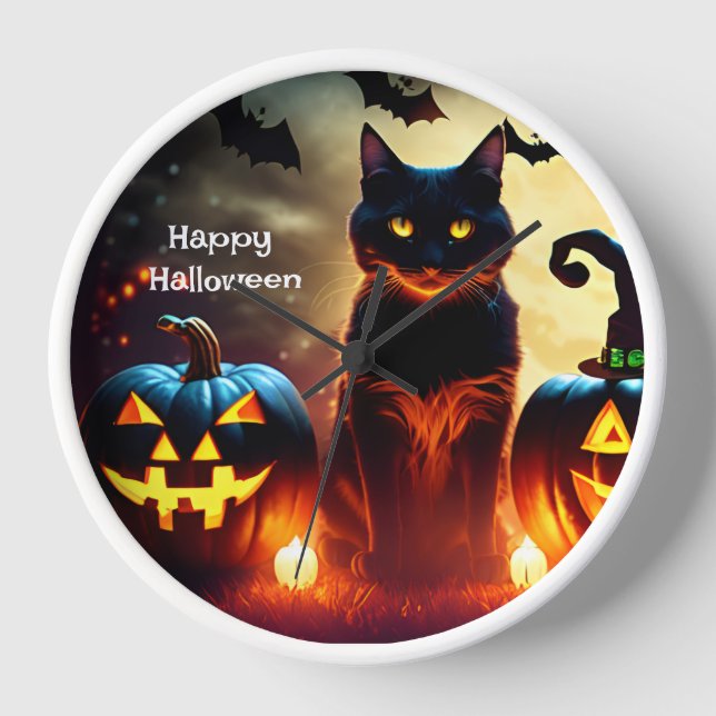 Personalisierte Halloween Black Cat Wall Uhr (Vorderseite)