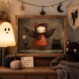 Personalisierte Halloween-Fee und Katzen-Wandkunst Poster
