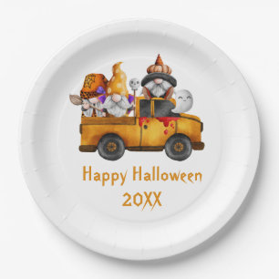 Personalisierte Halloween-Gnome Orange Truck Pappteller