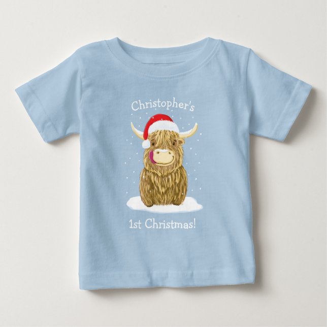 Personalisierte Haman-Hochlandkühe im Schnee Baby T-shirt (Vorderseite)