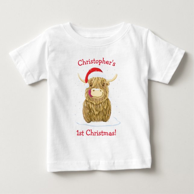 Personalisierte Haman-Hochlandkühe im Schnee Baby T-shirt (Vorderseite)