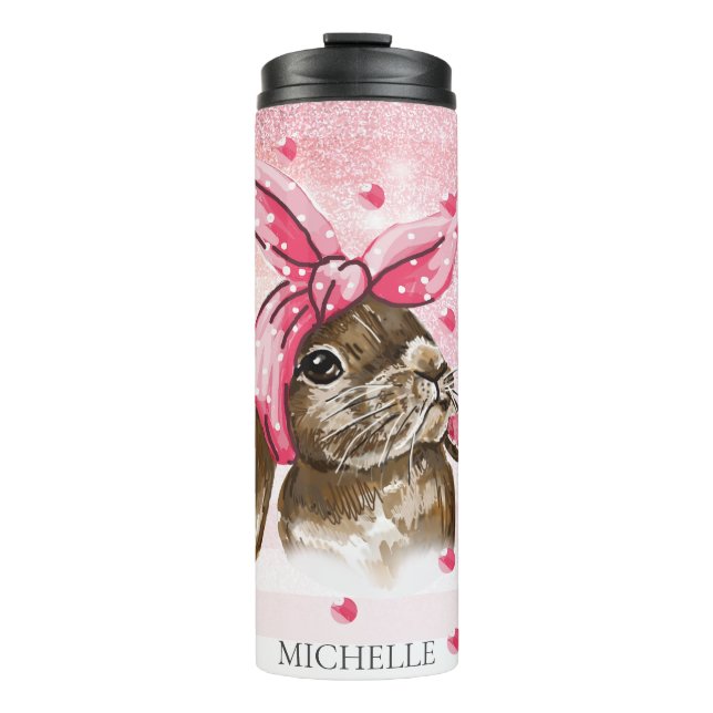 Personalisierte Handgemälde Bunny Glitzer Thermosbecher (Vorderseite)