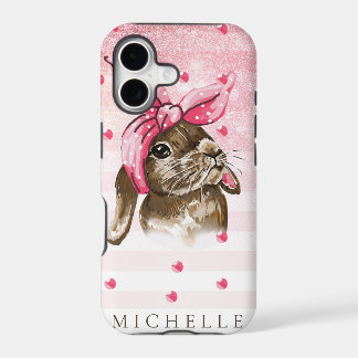 Personalisierte Handgemalt Hase mit rosa Bug