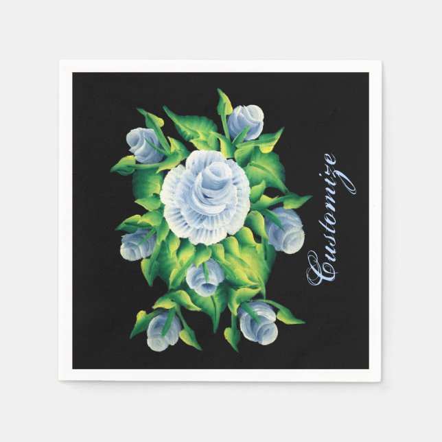 Personalisierte handgestrichene blaue Rose Schwarz Serviette (Vorderseite)