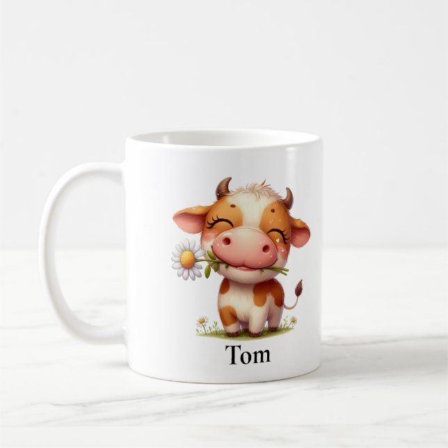 Personalisierte Happy Brown Kuh mit Blume Kaffeetasse (Links)