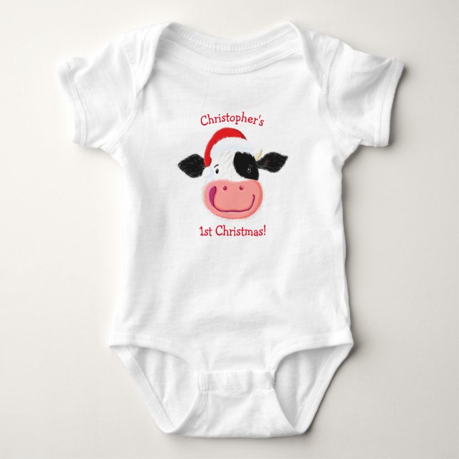 Personalisierte Happy Holstein Kuh 1. Weihnachten Baby Strampler (Vorderseite)
