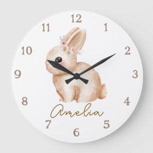 Personalisierte Hasen-Kinderzimmer-Wanduhr Floral Große Wanduhr