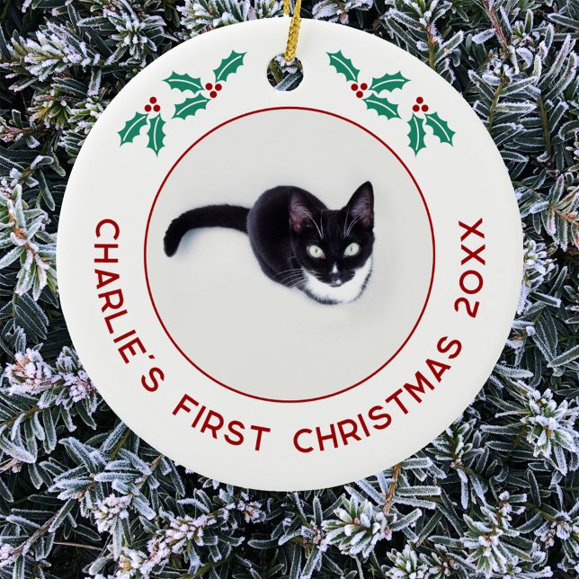 Personalisierte Hauskatze Erste Weihnachtsfeier Fo Keramik Ornament (Personalized cat photo first Christmas ornament)