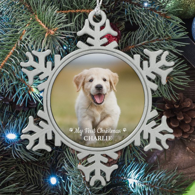 Personalisierte Haustiere Welpen Foto Hund Erste W Schneeflocken Zinn-Ornament (Von Creator hochgeladen)