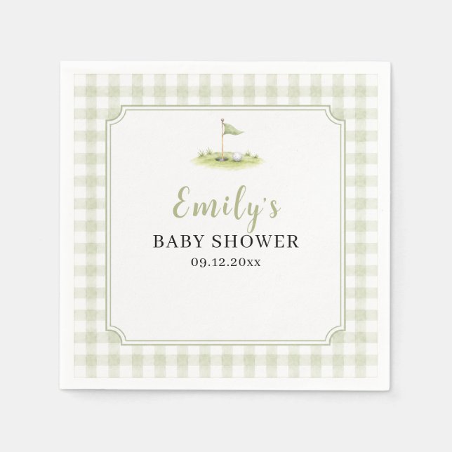 Personalisierte hellgrüne Gingham-Golf-Baby-Party Serviette (Vorderseite)