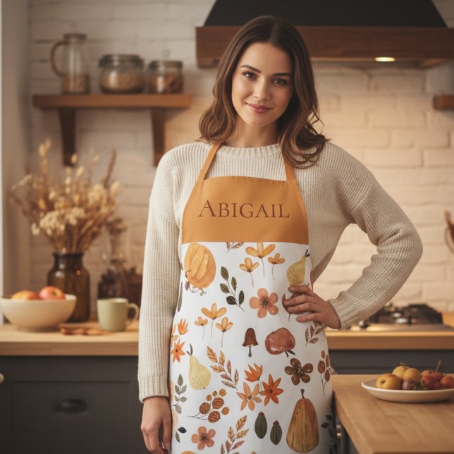 Personalisierte Herbst-Erntepumpen Schürze (Autumn Harvest Pumpkins and Fall Foliage Personalized Apron - Add Your Name.)