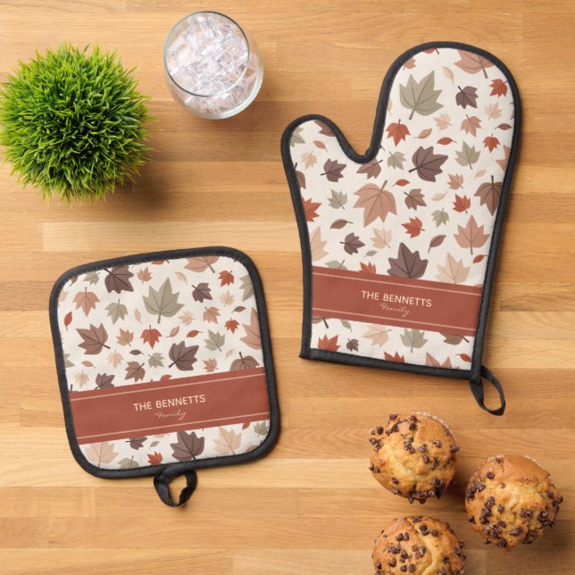Personalisierte Herbstblätter Ofenhandschuh & Topflappen-Set (Oben Unten)
