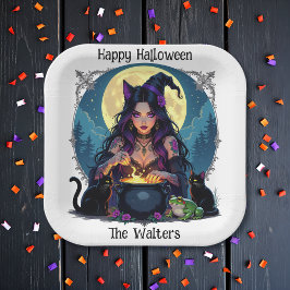 Personalisierte Hexe und Cauldron Halloween Pappteller