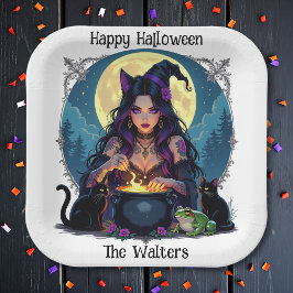 Personalisierte Hexe und Cauldron Halloween Pappteller