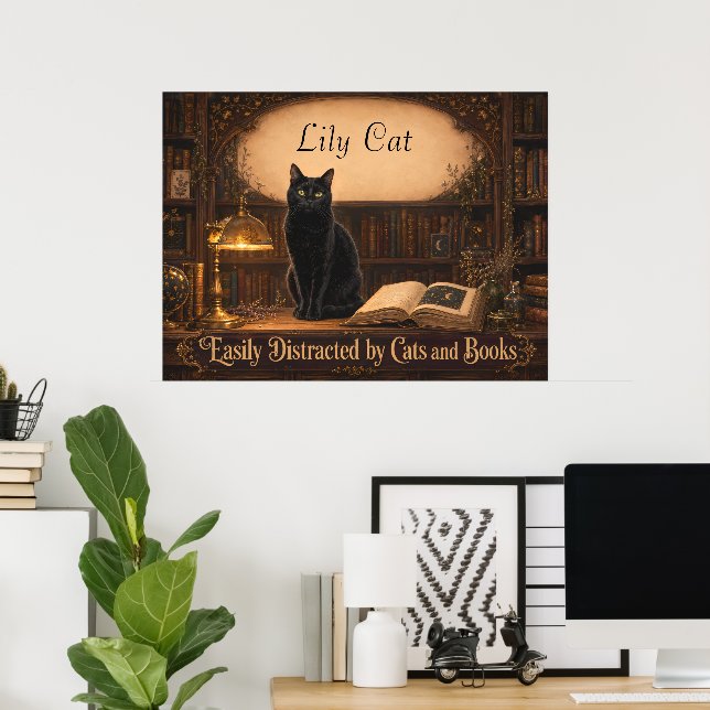 Personalisierte Hexenkatze und Bücher Gemütliche B Poster (Heimbüro)