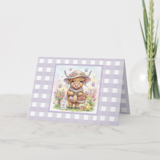 Personalisierte Highland-Kuh Gingham zum Muttertag Karte (Vorderseite)