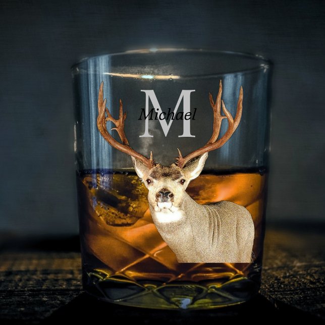 Personalisierte Hirschjagd Monogram Antlers Whiskyglas (Elegant Deer Hunting Buck Antler Deer Hunting Whiskey Glass)