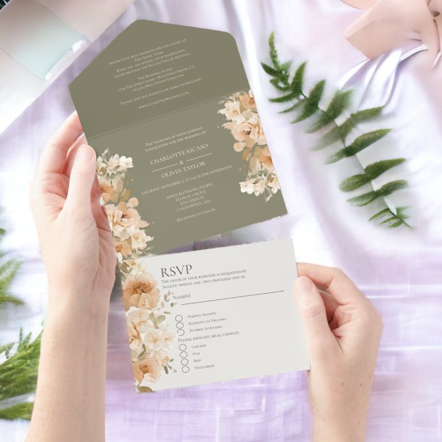 Personalisierte Hochzeit der Mute-Grün-Pfirsich-Bl All In One Einladung (Muted Green Peach Flower Personalized Wedding All In One Invitation from Ricaso)