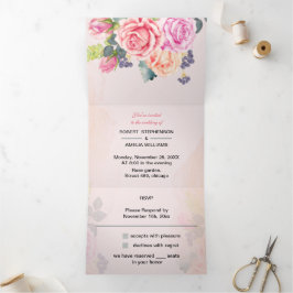 Personalisierte Hochzeit Elegante Rose Blume Dreifach Gefaltete Einladung