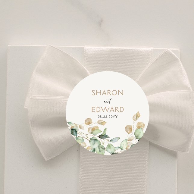 Personalisierte Hochzeit mit Eukalyptus Runder Aufkleber (Von Creator hochgeladen)