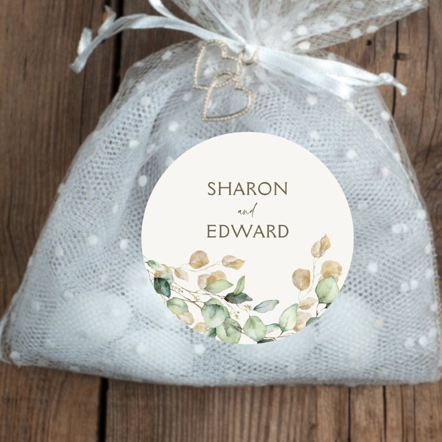 Personalisierte Hochzeit mit Eukalyptus Runder Aufkleber (Von Creator hochgeladen)