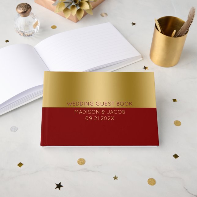 Personalisierte Hochzeit mit Gold und Rot Gästebuch (Vorderseite Offen)