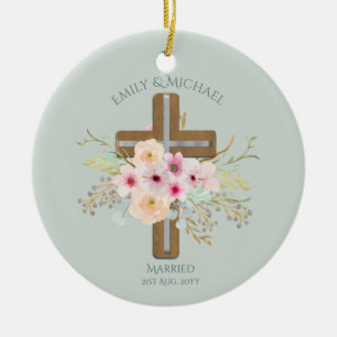Personalisierte Hochzeit oder Jahrestag Blumenkreu Keramik Ornament
