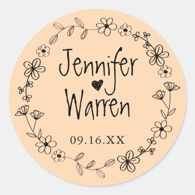 Personalisierte Hochzeit von Hand Drawn Wreath Runder Aufkleber (Vorderseite)