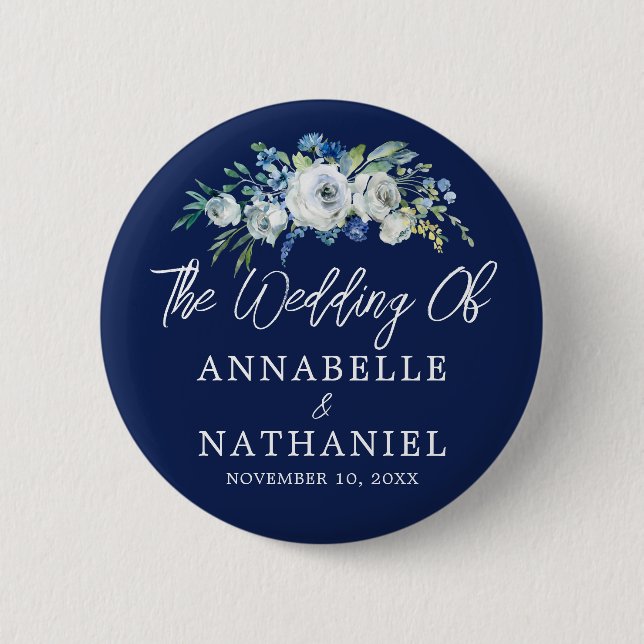 Personalisierte Hochzeit von Navy Blue Floral Button (Vorderseite)