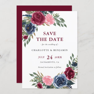 Personalisierte Hochzeit von Navy Blue und Burgund Save The Date