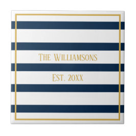 Personalisierte Hochzeit von Navy Nautical Stripes Fliese