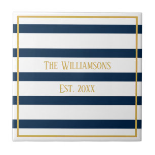 Personalisierte Hochzeit von Navy Nautical Stripes Fliese