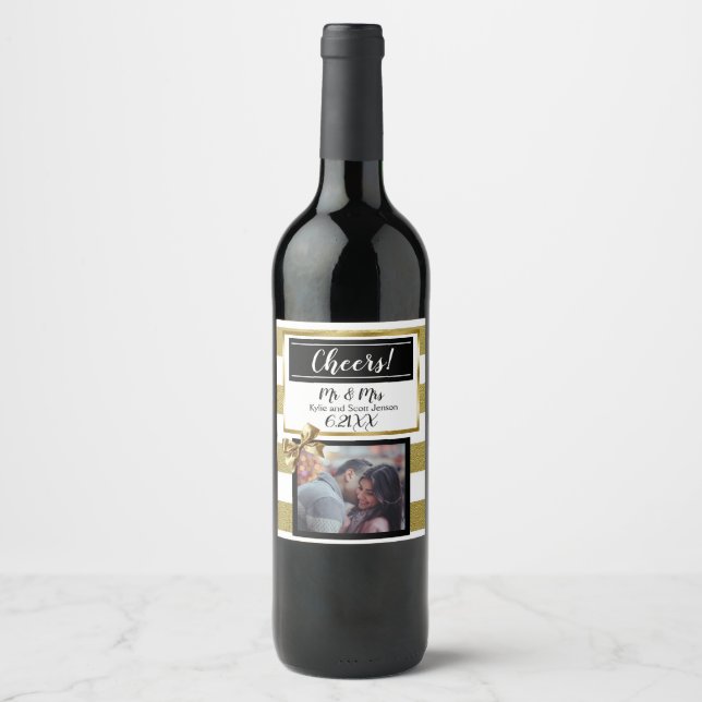 Personalisierte HochzeitGold und Black Bow Weinetikett (Vorderseite)