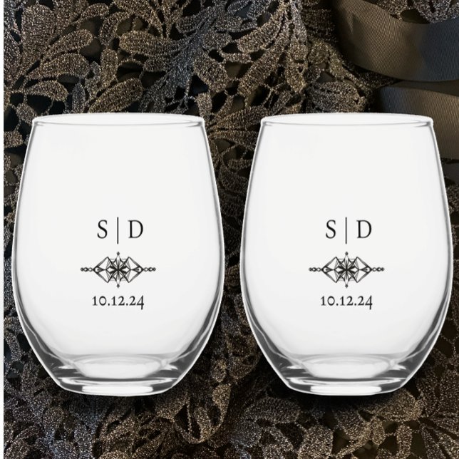 Personalisierte Hochzeitscoupons einzigartig Weinglas Ohne Stiel (Stylish modern couple’s initials monogrammed wedding glasses with unique gem design gift, favor deco)