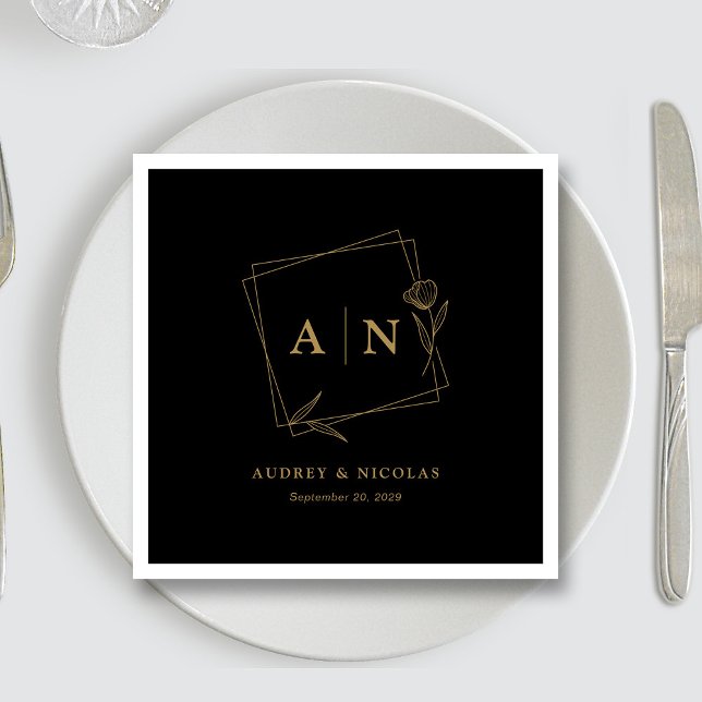 Personalisierte Hochzeitsempfehlung für Sleek Blac Serviette (Sleek Black & Gold Personalized Wedding Reception Napkins)
