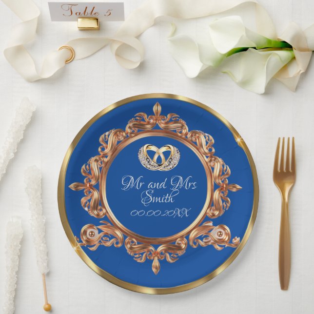 Personalisierte Hochzeitsfeier Gold und Blue Pappteller (Hochzeit)