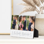 Personalisierte HochzeitsfotoCollage Fotoplatte<br><div class="desc">Die elegante Hochzeitskollage-Foto-Plakette besteht aus drei senkrechten oder portraitorientierten Fotos,  die nebeneinander angeordnet sind. Ihr Familienname oder Familienname erscheint in schick grau mit Ihren Namen und dem Hochzeitstermin überlagert auf einem transparenten weißen Band.</div>