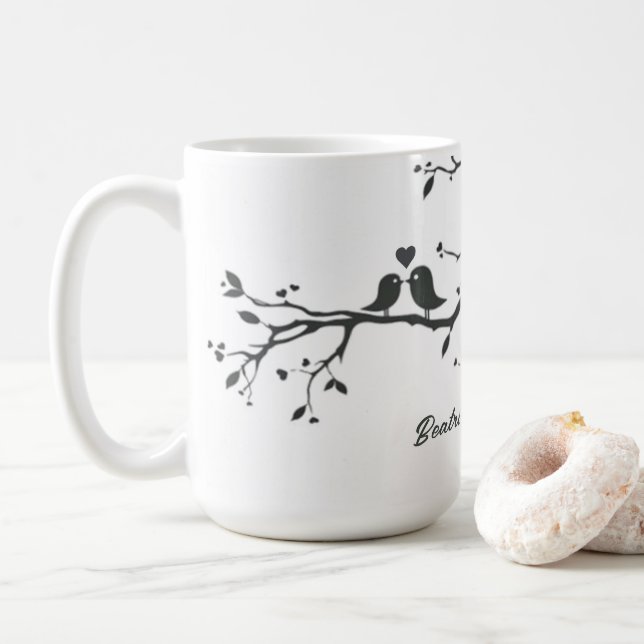 Personalisierte Hochzeitstag Jahrestag Liebesvögel Kaffeetasse (Mit Donut)