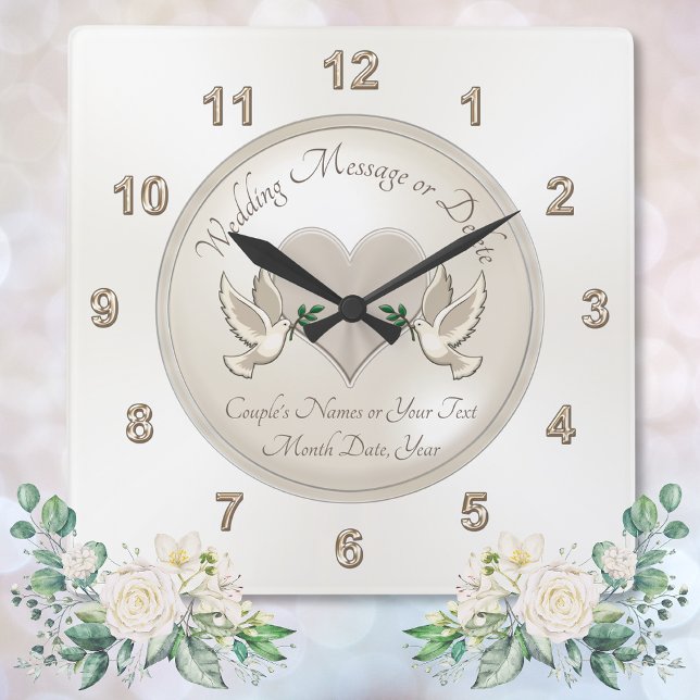 Personalisierte Hochzeitszeitsgeschenke Quadratische Wanduhr (Elegant, Love Birds and Heart, personalized wall clock wedding gift. for bride and groom. Clock.)