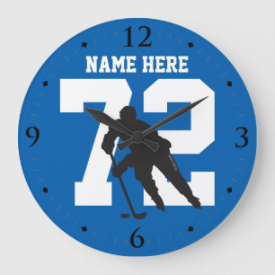 Personalisierte Hockey-Spieler-Namen-Zahl auf Blau Große Wanduhr