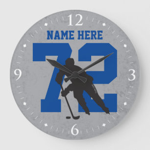 Personalisierte Hockey-Spieler-Namen-Zahl-blaues Große Wanduhr