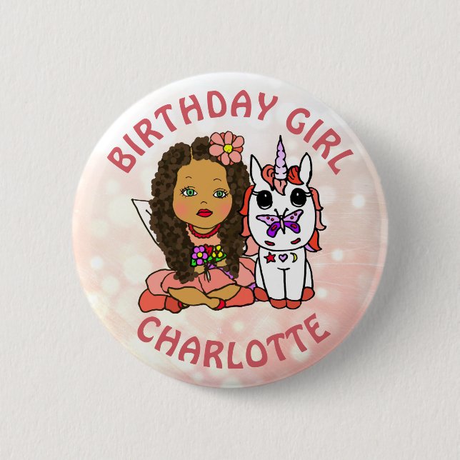 Personalisierte Hübsche Fairy Birthday Girl Button (Vorderseite)