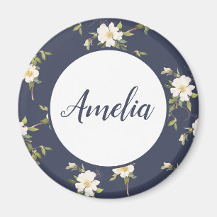 Personalisierte hübsche Marine und Weiße Flora Magnet