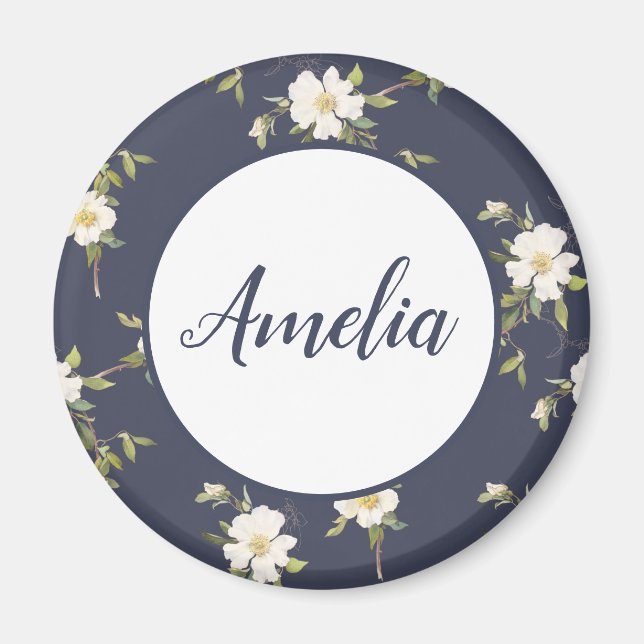 Personalisierte hübsche Marine und Weiße Flora Magnet (Vorne)