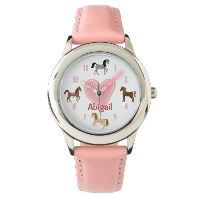 Personalisierte Hübsche Ponys und rosa Herzpferd Armbanduhr (Vorderseite)